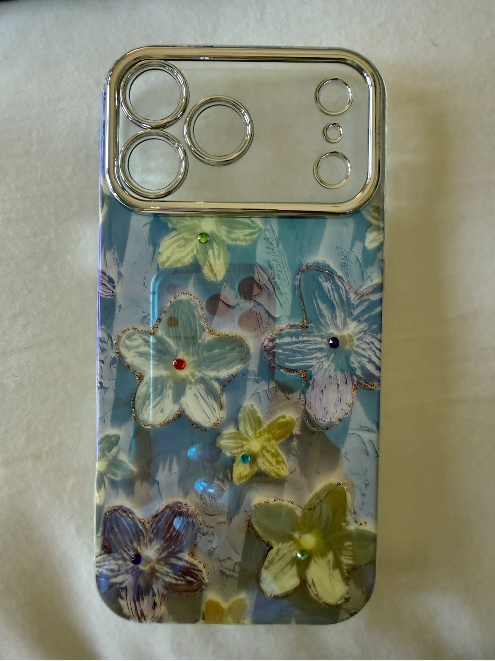 Blue Floral Clear Phone Case with Gem Accents